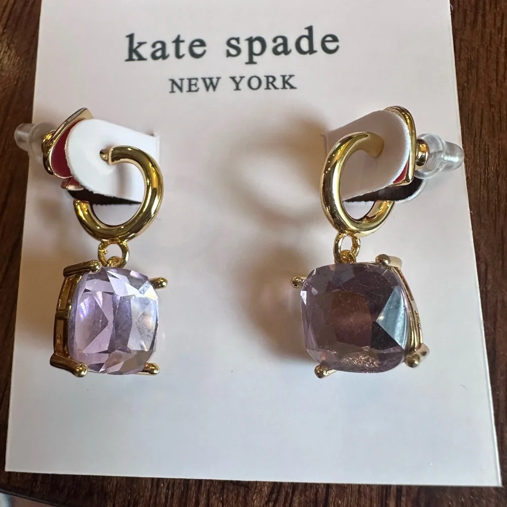 Kate Spade Gold Huggie Earrings with Purple Stones NEW‎